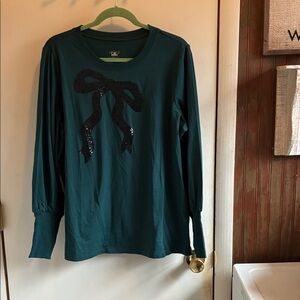 Belle by Kim Gravel Teal Long Sleeve Tee with Black Sequin Bow